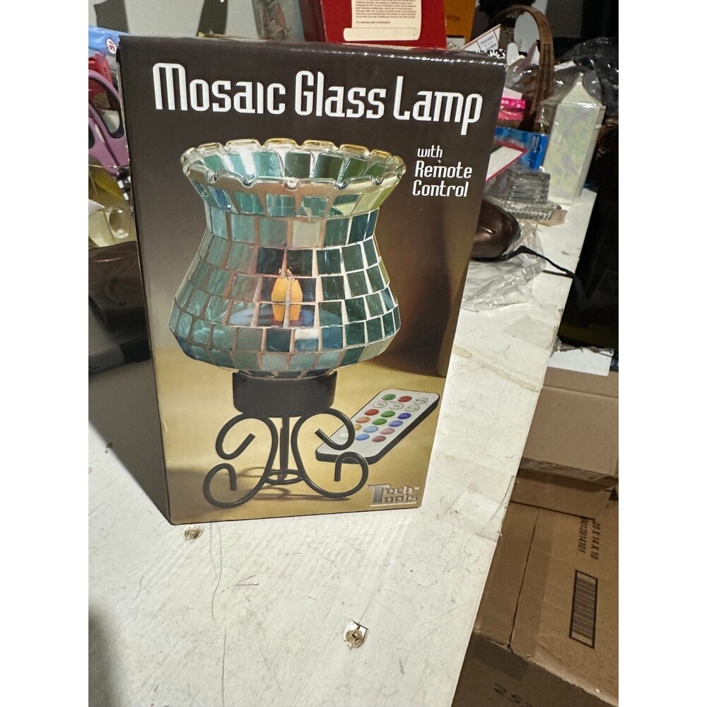 Tech Tools Mosaic Glass Lamp with Remote Control Wrought Iron Stand Set Of 2